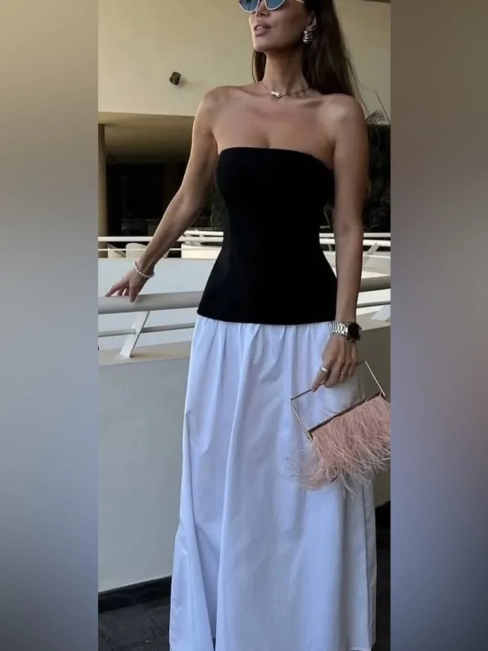 zara strapless poplin white and black dress Sz M - Picture 1 of 10